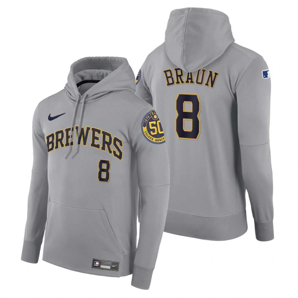 Men Milwaukee Brewers 8 Braun gray road hoodie 2021 MLB Nike Jerseys